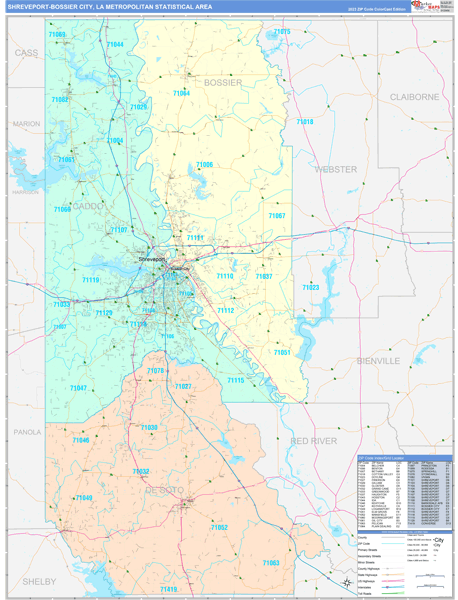 Shreveport-Bossier City Metro Area Wall Map Color Cast Style